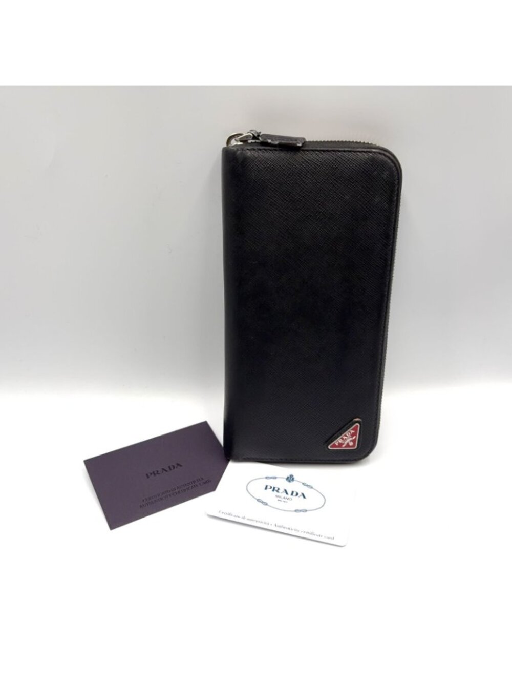 Prada Zip Around Leather Black Wallet Silver - Picture 14 of 14